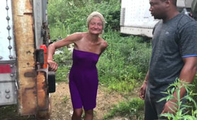 Skinny Granny Earns Some Cash on Outdoor Interracial Sex